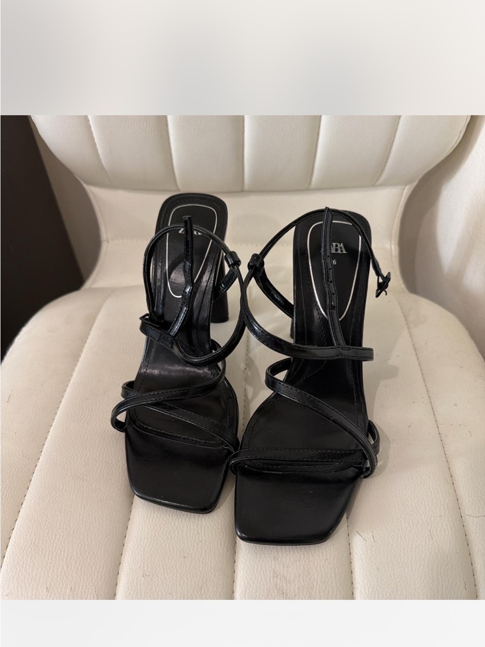 Zara Black Strappy Square-Toe Heeled Sandals